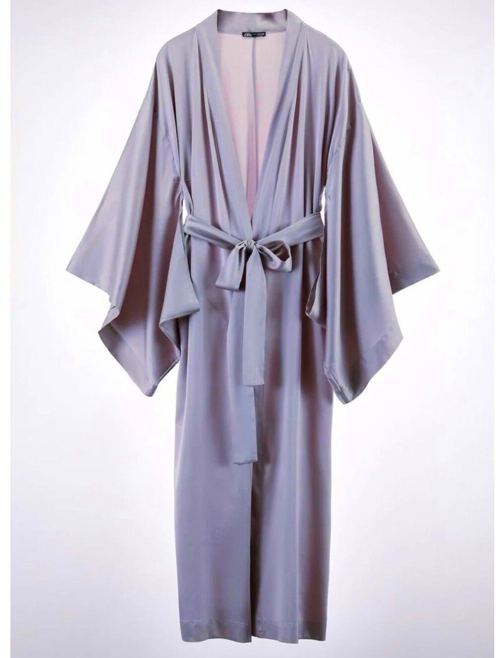 NWT Zara Silk Belted Robe Kimono Dressing Gown S/M Taupe Elegant Quiet Luxury